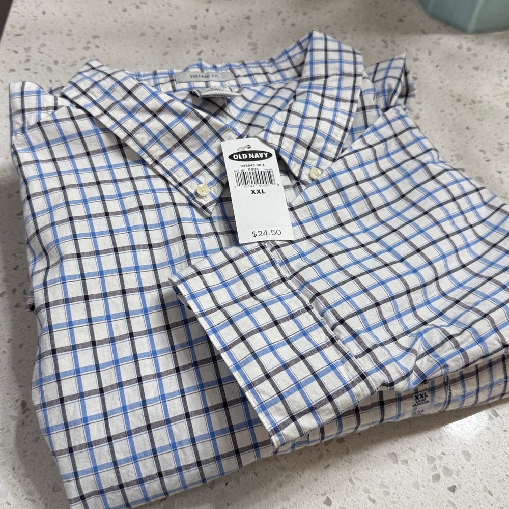 Old Navy NEW Blue‎ /White Plaid Shirt SZ XXL tattersall cotton button down work